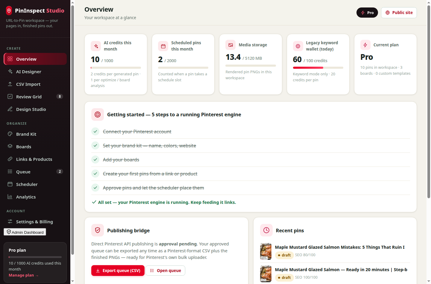URL-to-Pin Studio dashboard overview